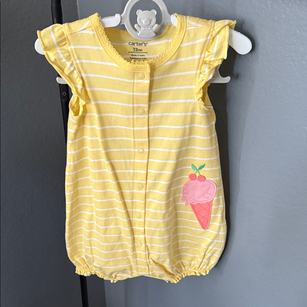 Carter's Yellow and White Striped Romper with Ice Cream Patch
